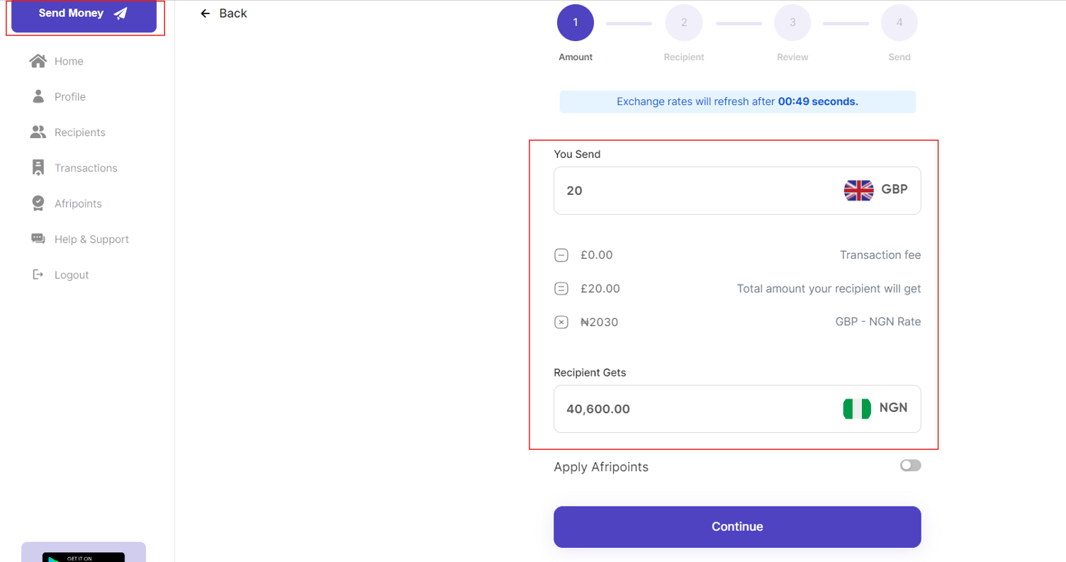 Select Send Money and input the amount you want to send