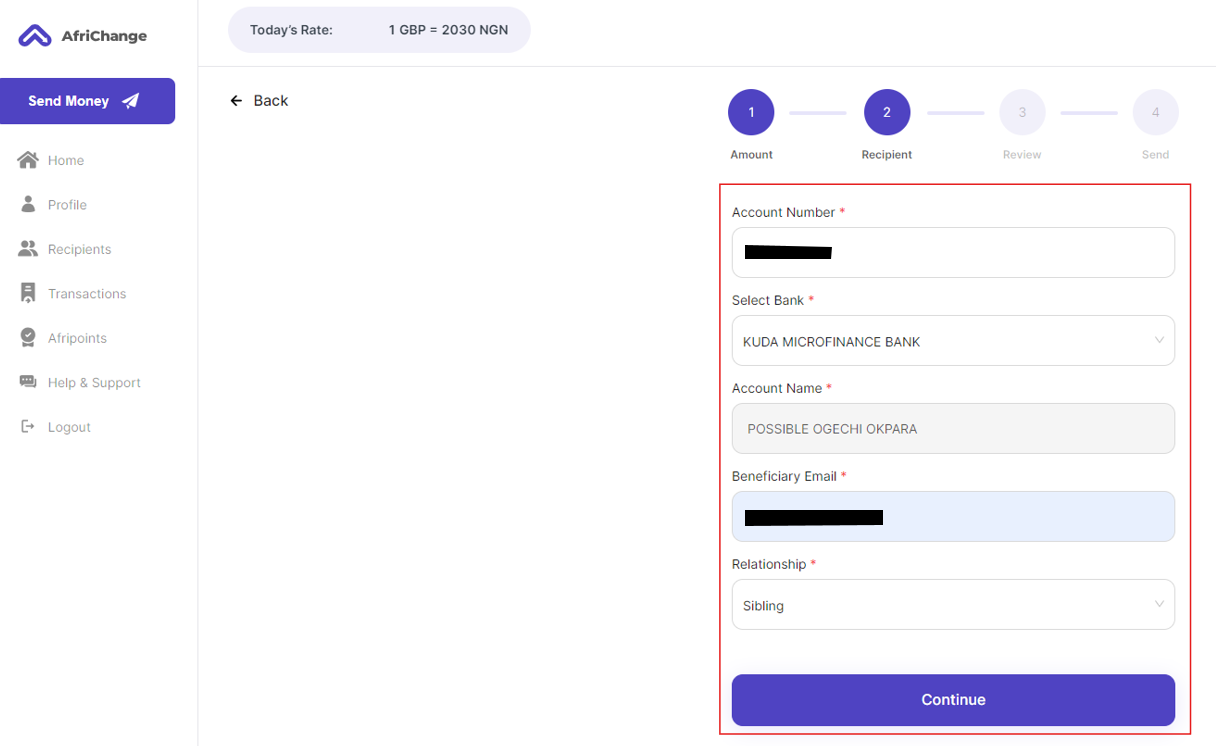 Correctly input the recipient's account details