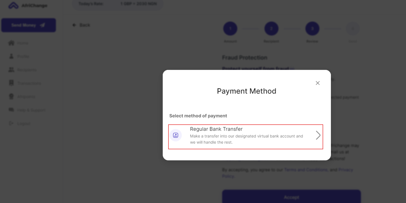 Select Regular Bank Transfer and send money from your bank account to the virtual account provided.