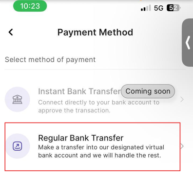 Select Regular Bank Transfer payment method