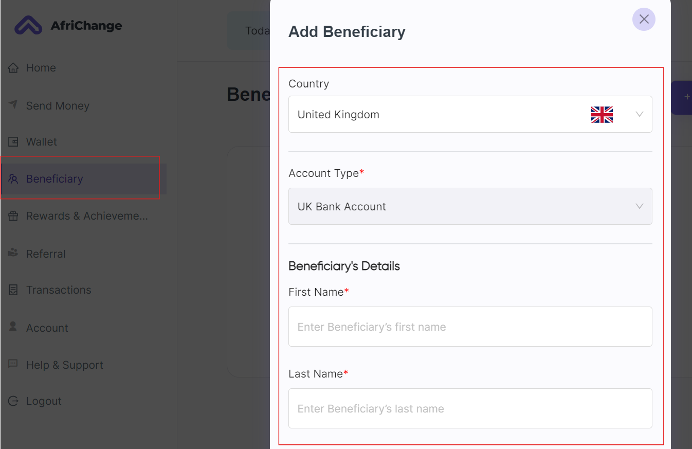 Add your UK Beneficiary's account details