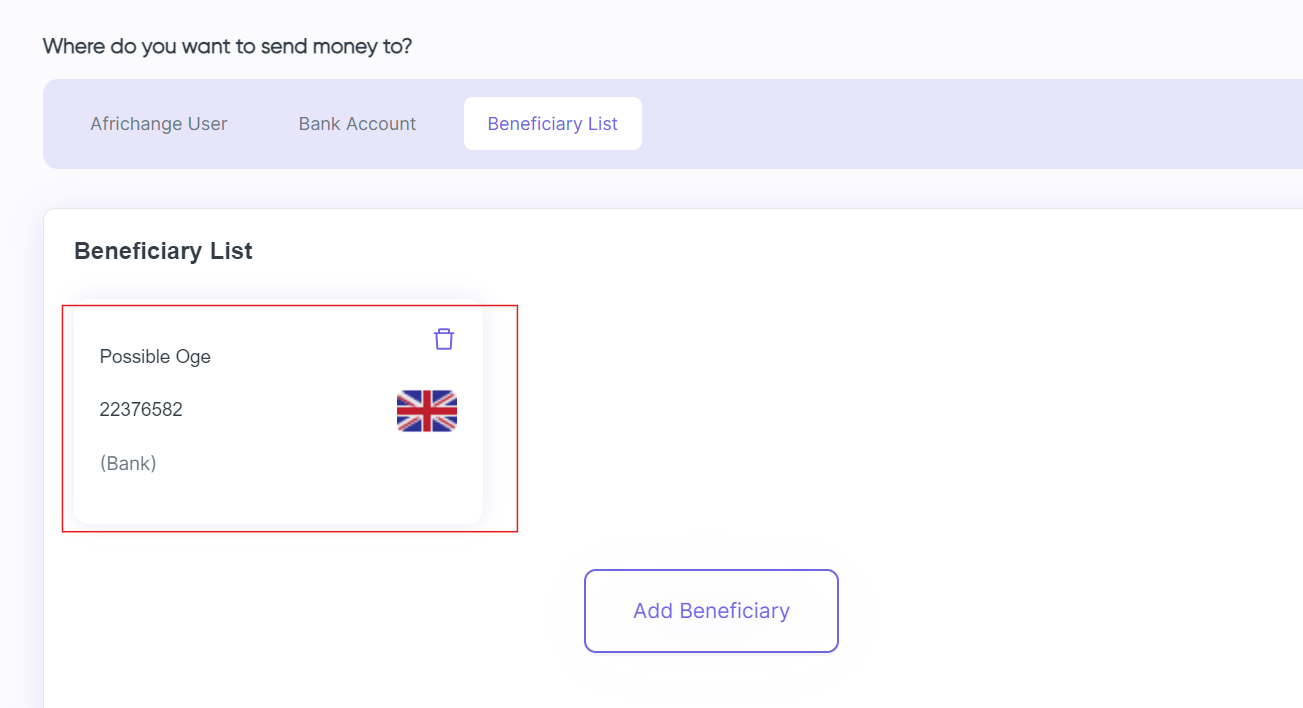 Select the UK beneficiary you want to send money to