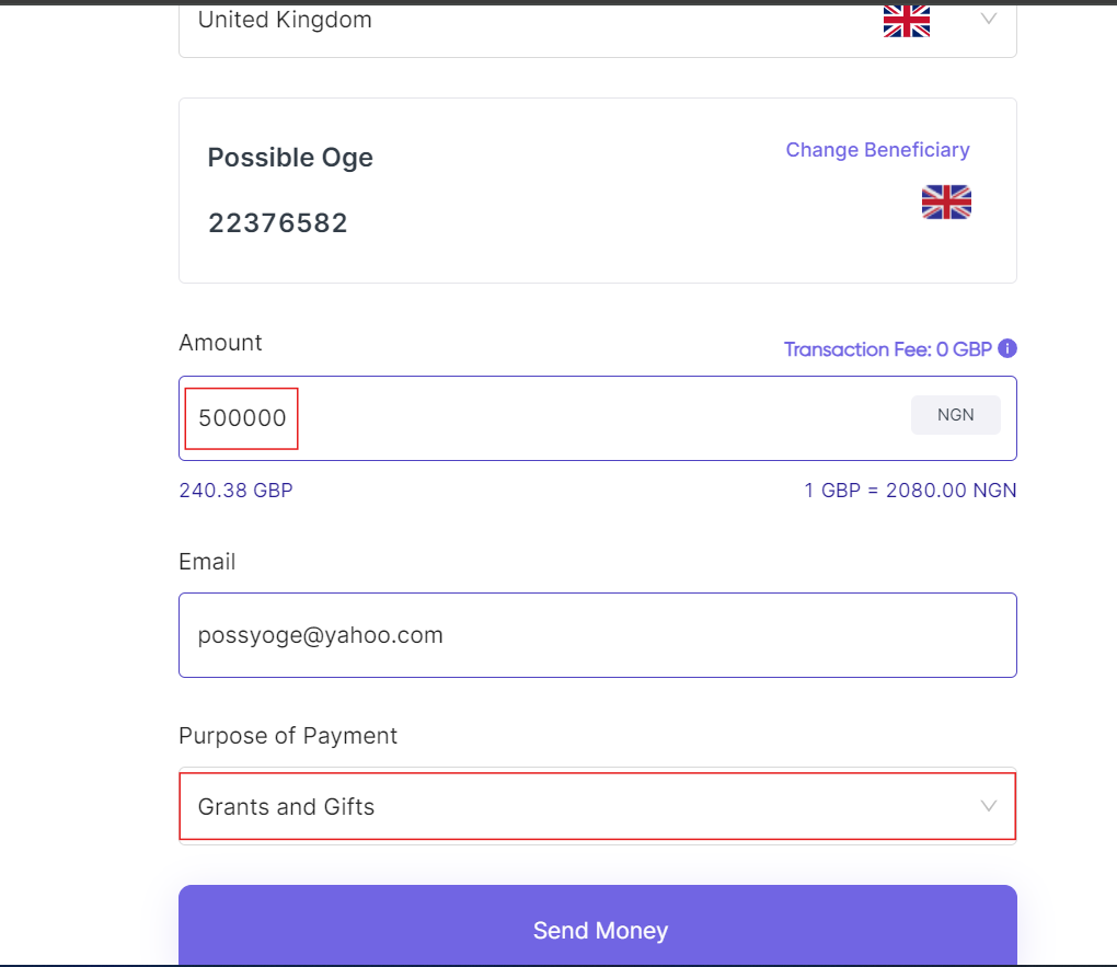 Input the correct Naira amount you want to send and the purpose of payment